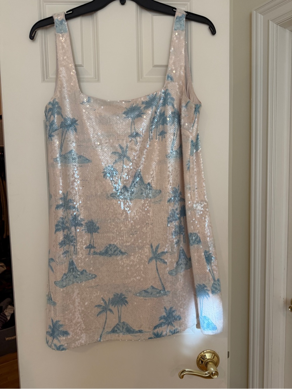 Gianni Bini Sequin mini dress with Blue Island Print